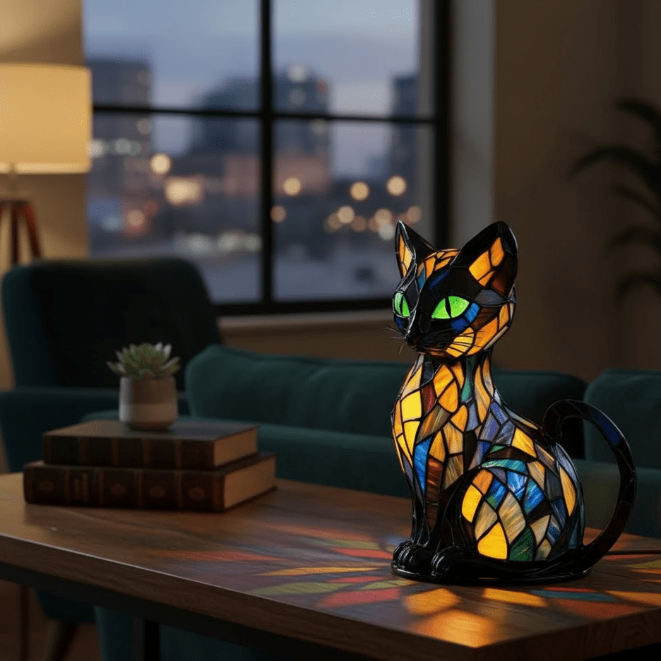 Illuminated cat table lamp with a stained glass style geometric mosaic design