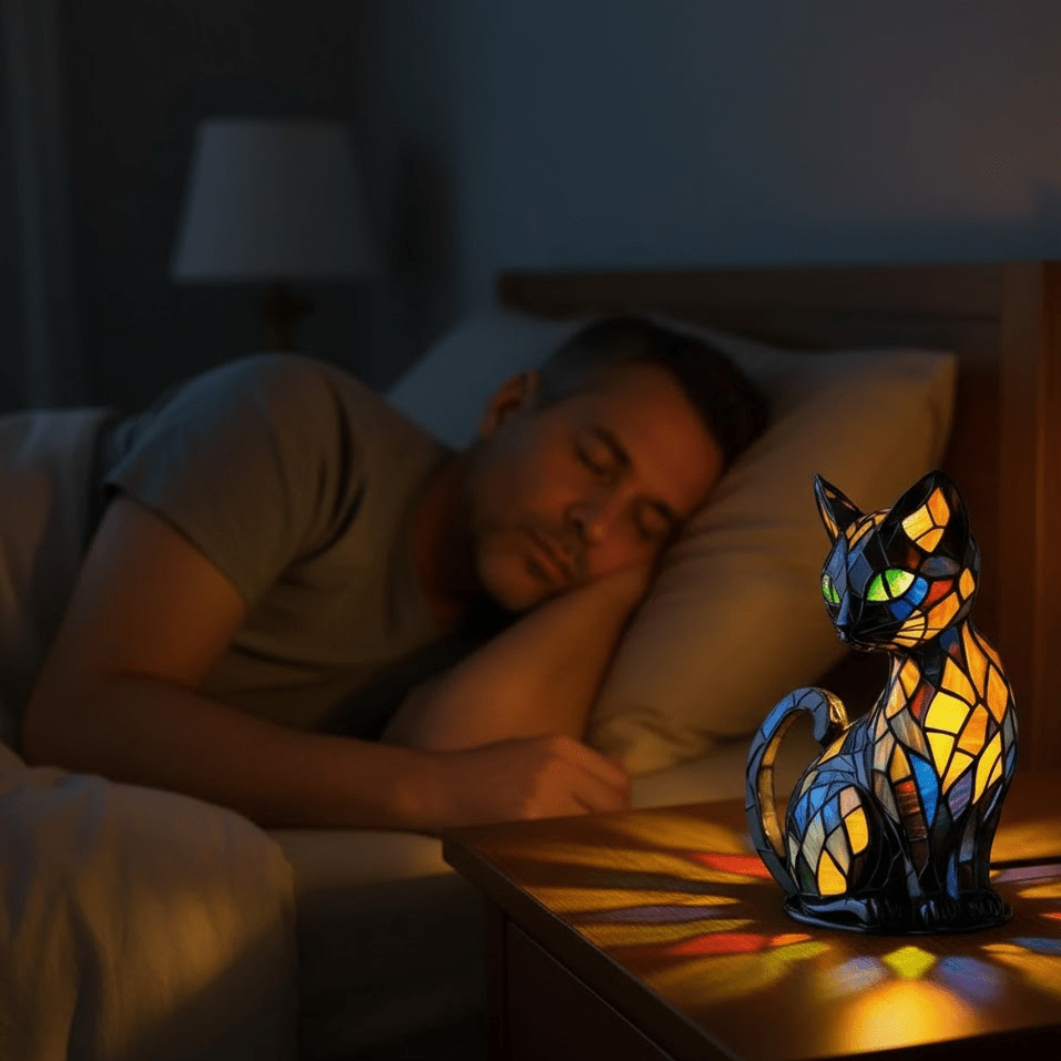 Illuminated cat table lamp with a stained glass style geometric mosaic design