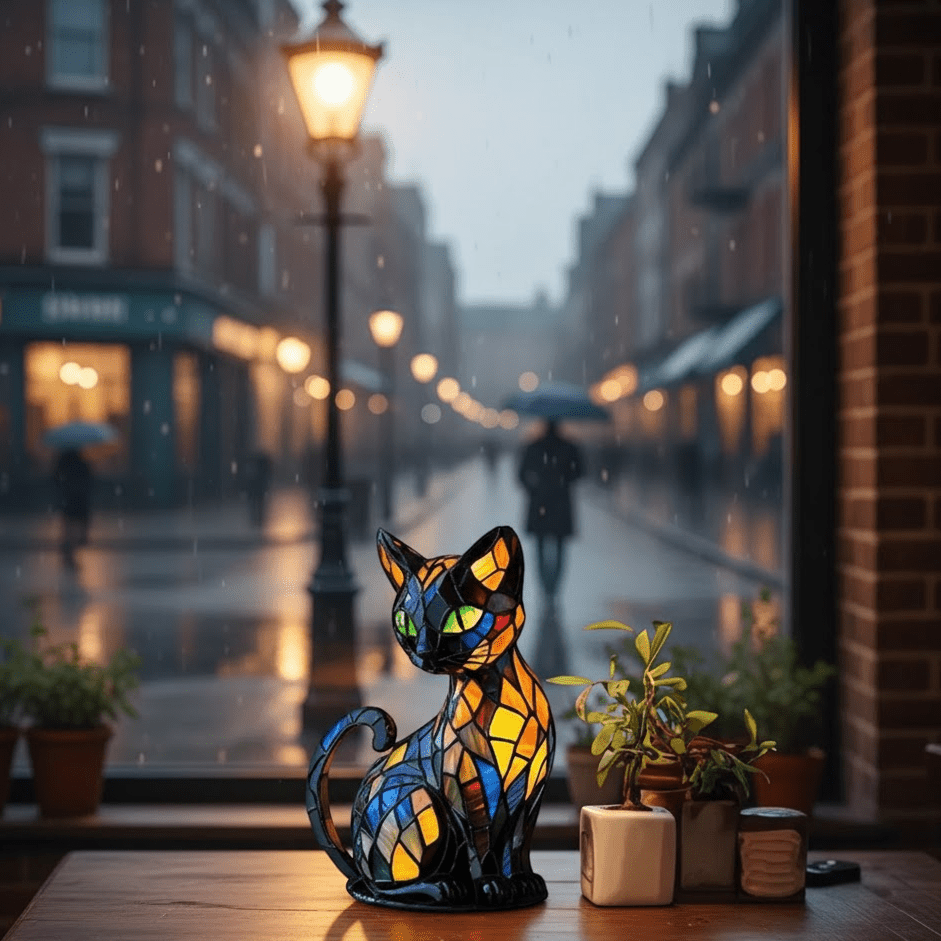 Illuminated cat table lamp with a stained glass style geometric mosaic design