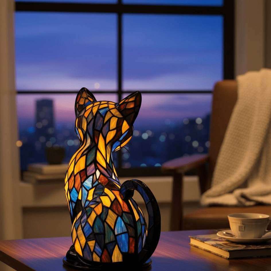 Illuminated cat table lamp with a stained glass style geometric mosaic design