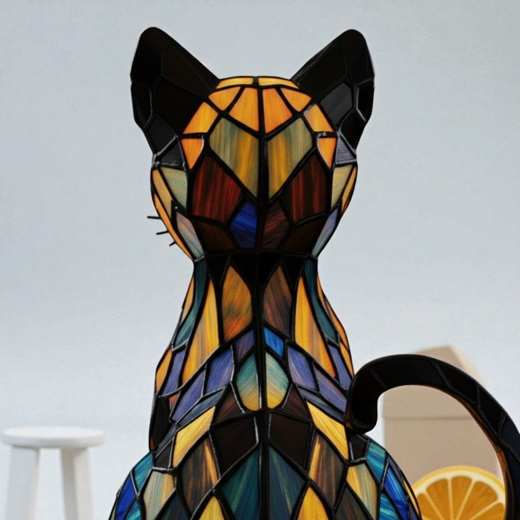 Illuminated cat table lamp with a stained glass style geometric mosaic design