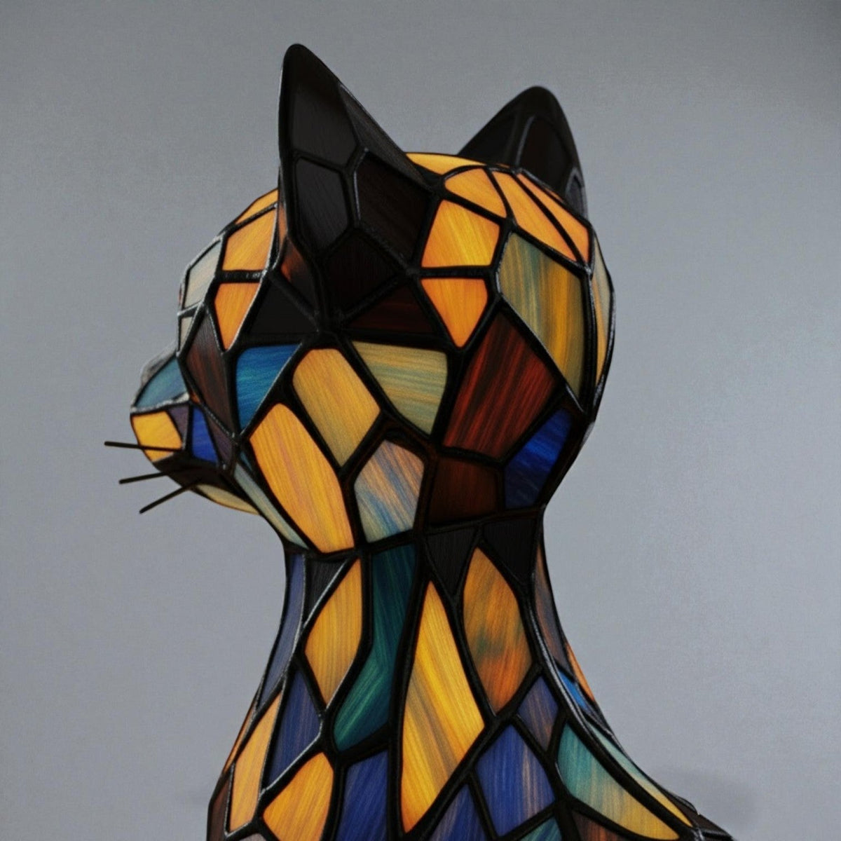 Illuminated cat table lamp with a stained glass style geometric mosaic design