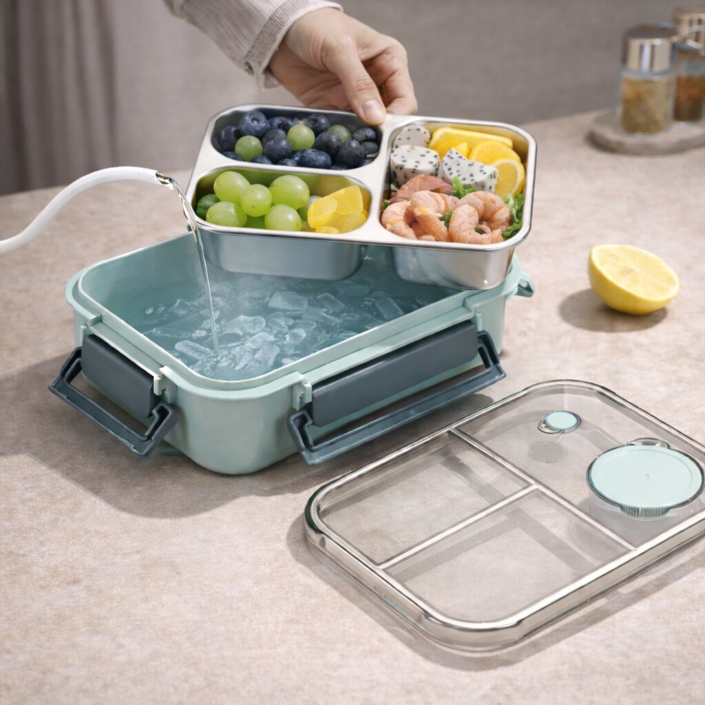 Divided food container with separate sections and transparent lid