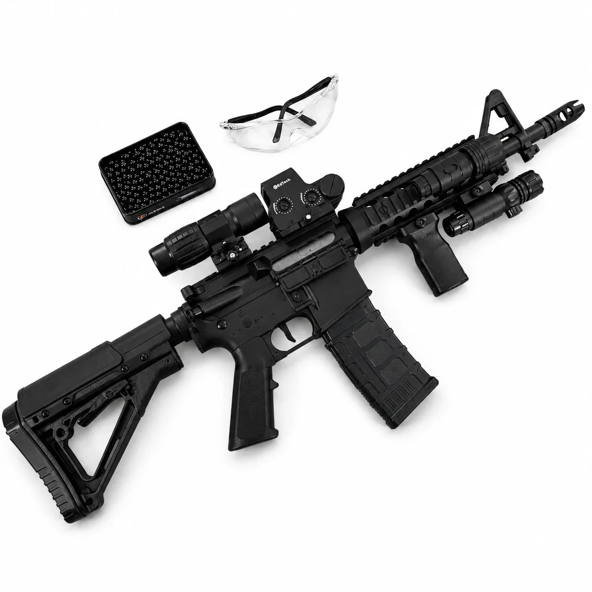 M4A1 style gel blaster with tactical sight, goggles and gel bead tray