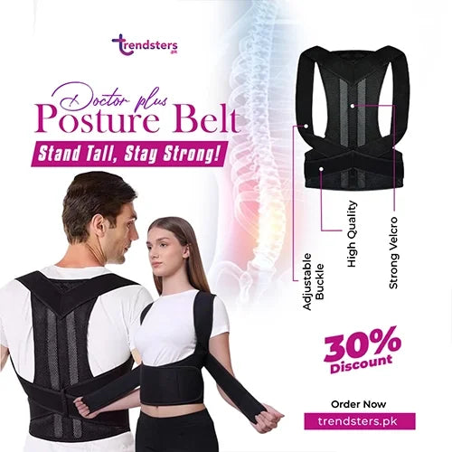 Black adjustable posture support belt with shoulder straps and mesh back panels