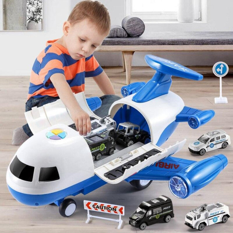 Aircraft playset with mini vehicles, ramps, crane and road accessories