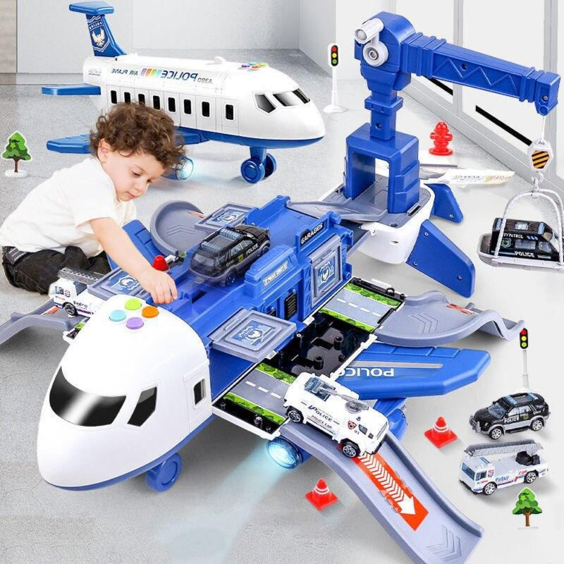 Aircraft playset with mini vehicles, ramps, crane and road accessories