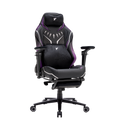 Black high-back gaming chair with purple trim, cushions and footrest