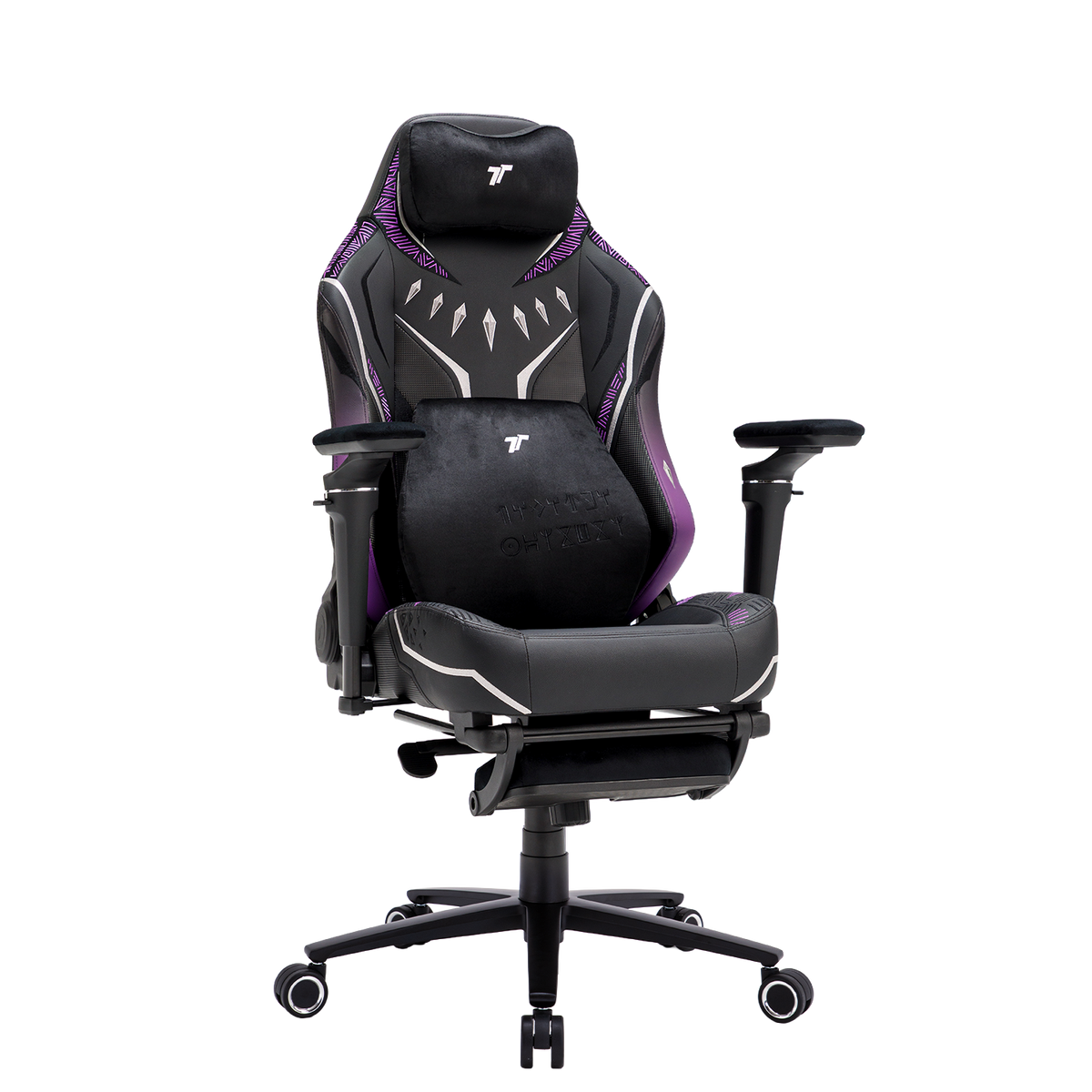 Black high-back gaming chair with purple trim, cushions and footrest