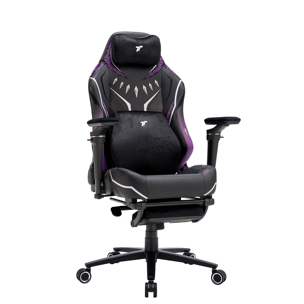 Black high-back gaming chair with purple trim, cushions and footrest