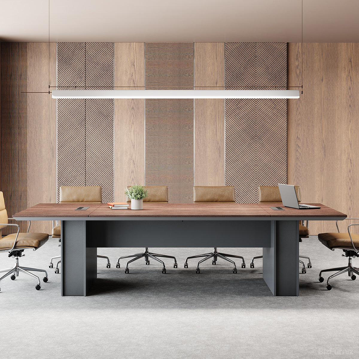 Large brown wood-effect conference table with grey base and cable management