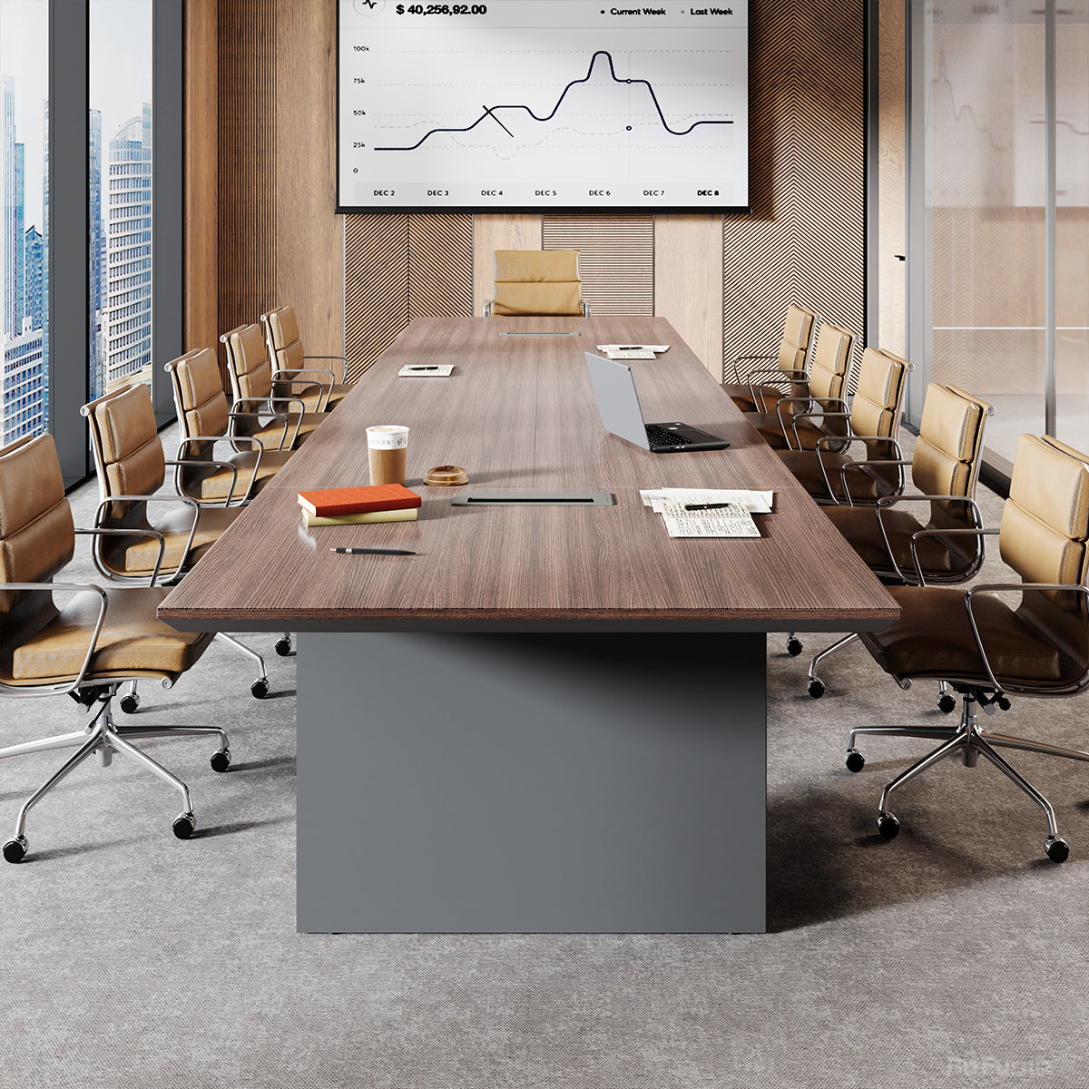 Large brown wood-effect conference table with grey base and cable management