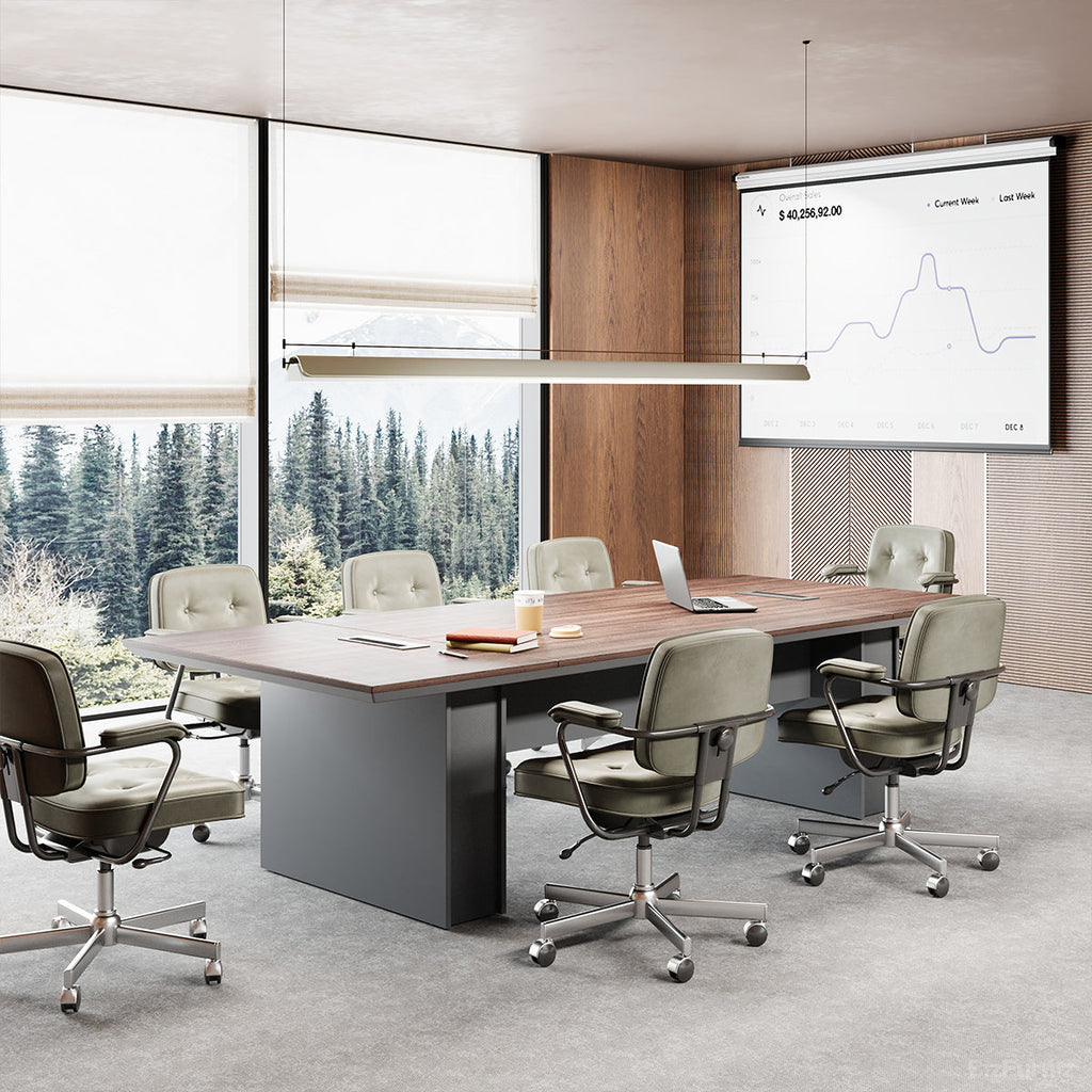 Large brown wood-effect conference table with grey base and cable management
