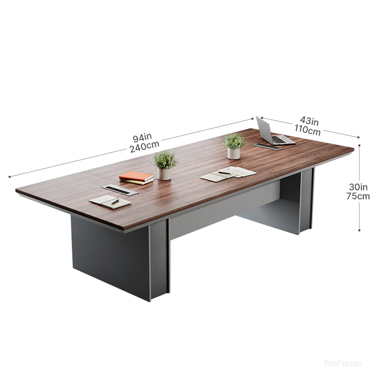 Large brown wood-effect conference table with grey base and cable management