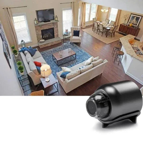 Compact black mini camera with front lens and integrated base