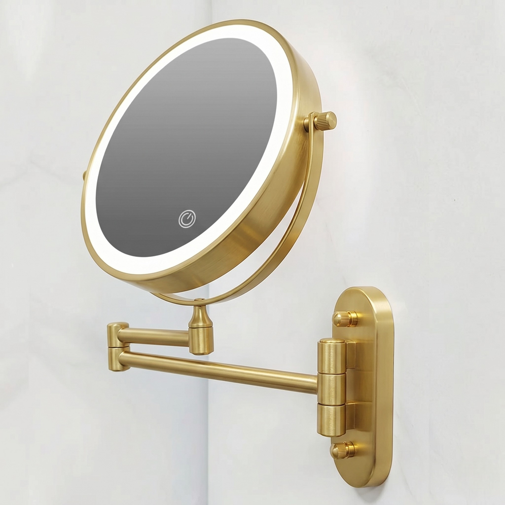 Round wall mounted LED magnifying mirror with adjustable arm