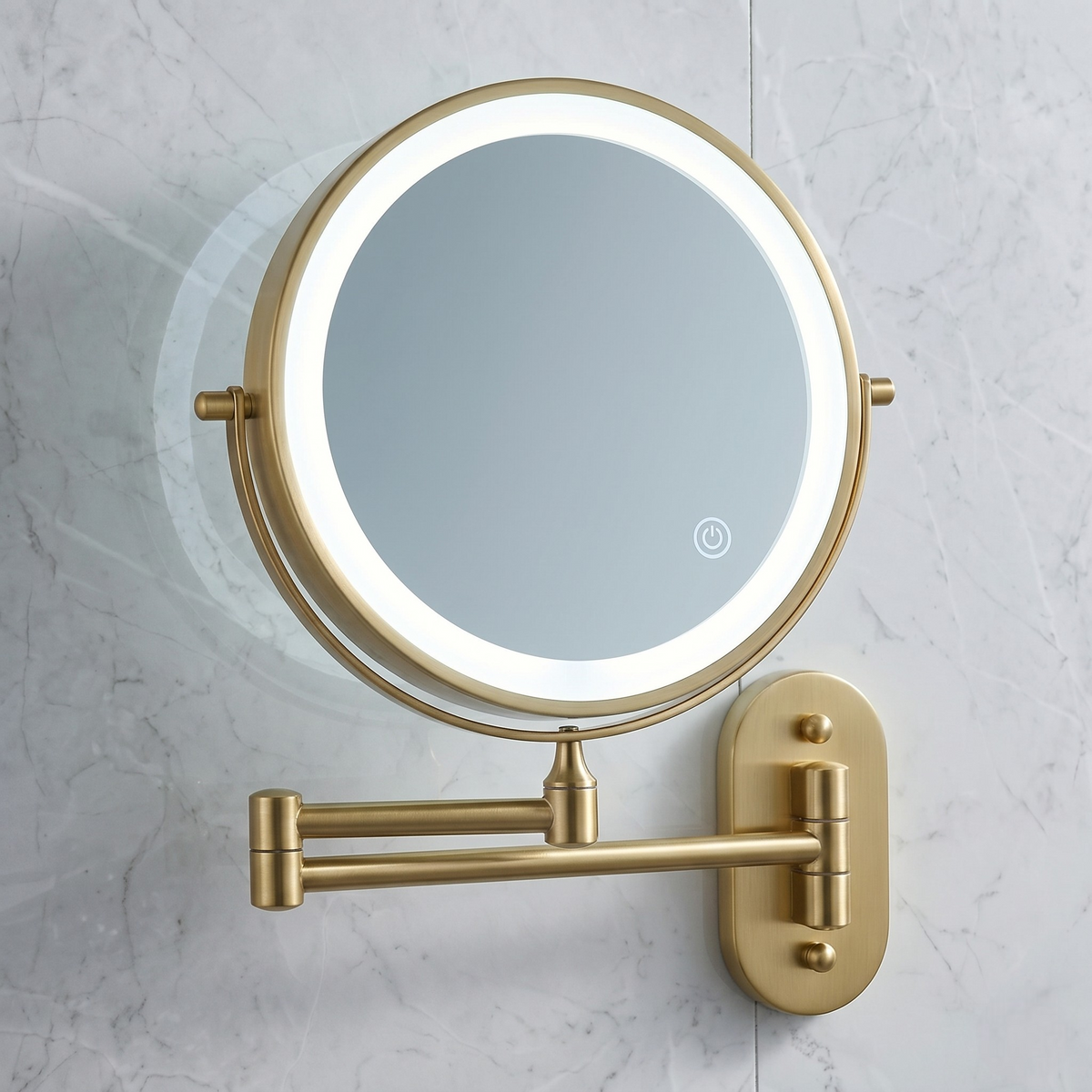 Round wall mounted LED magnifying mirror with adjustable arm