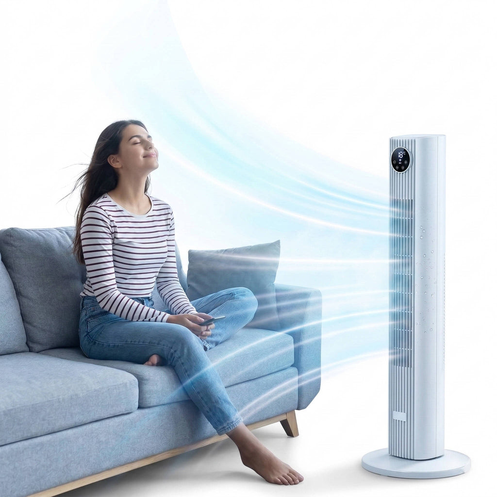 White portable tower air cooler with digital display and round base