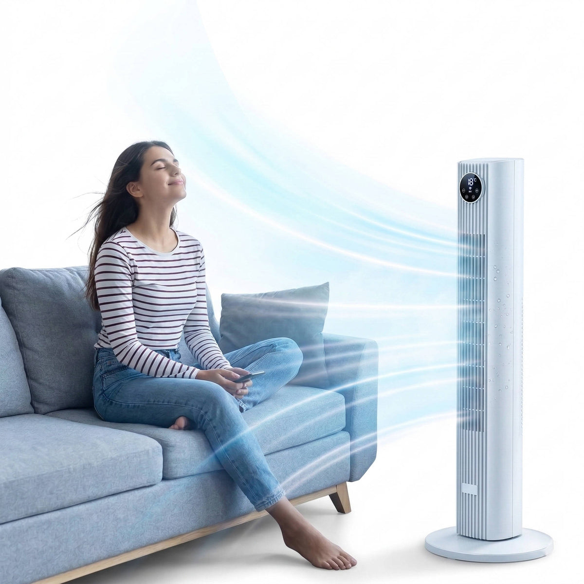White portable tower air cooler with digital display and round base