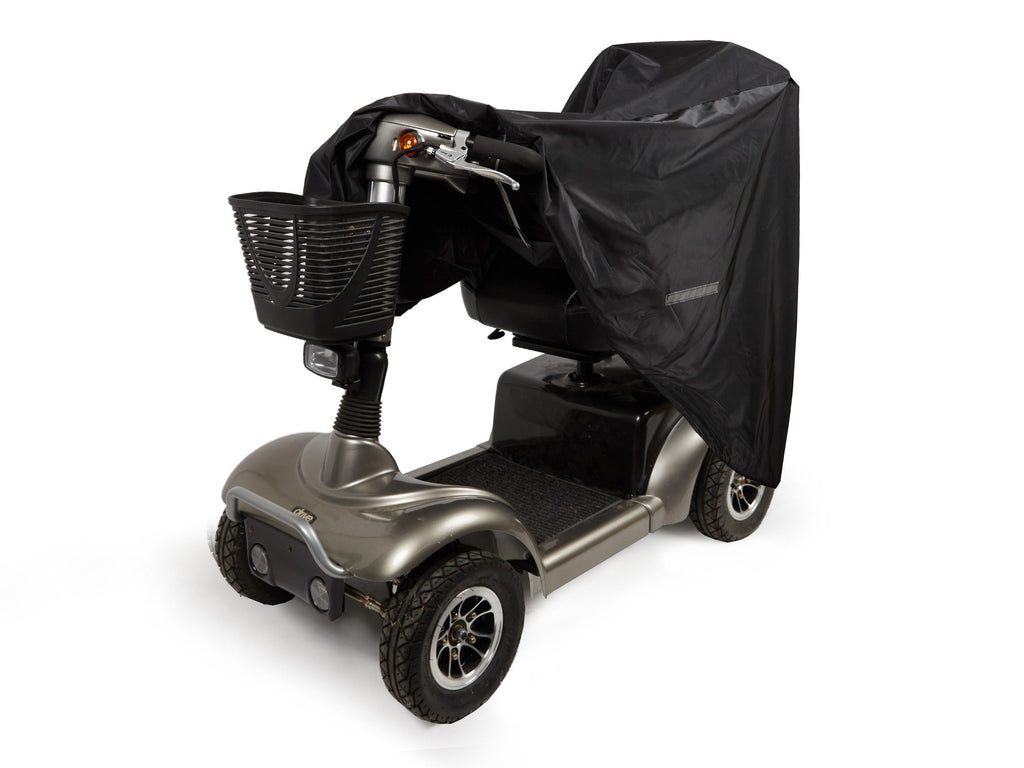 Black cover fitted over a mobility scooter with reflective side strip