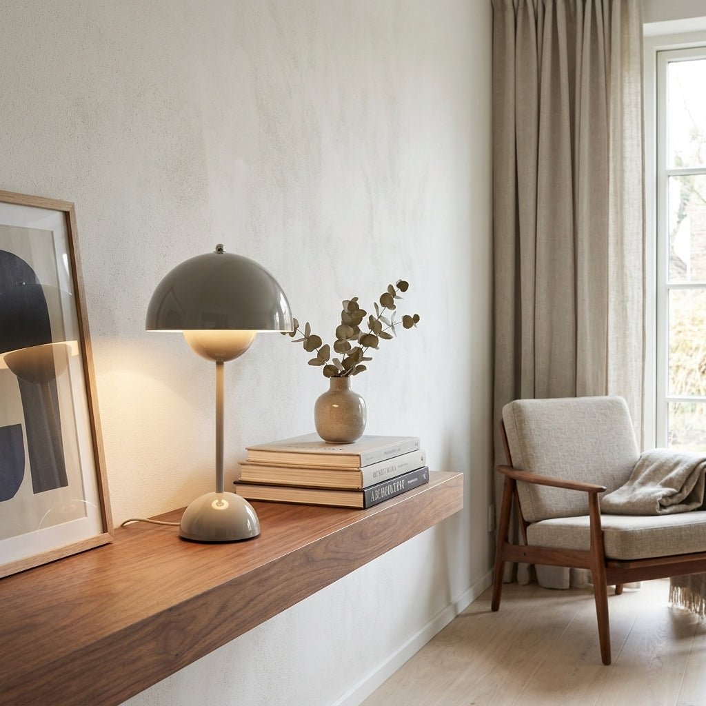 Mushroom-style table lamp with dome shade, slim stem and rounded base