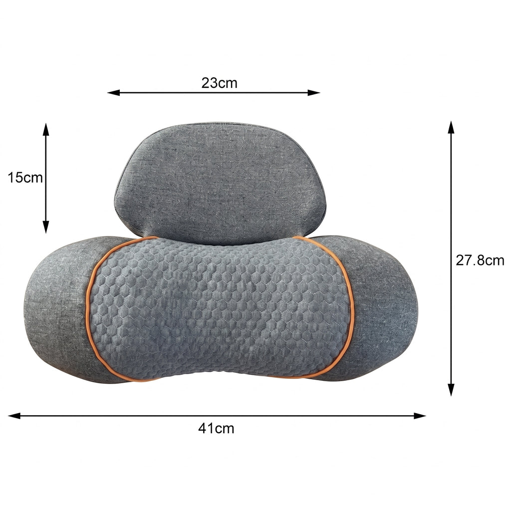Grey 3-in-1 neck massage pillow with orange trim and padded side supports