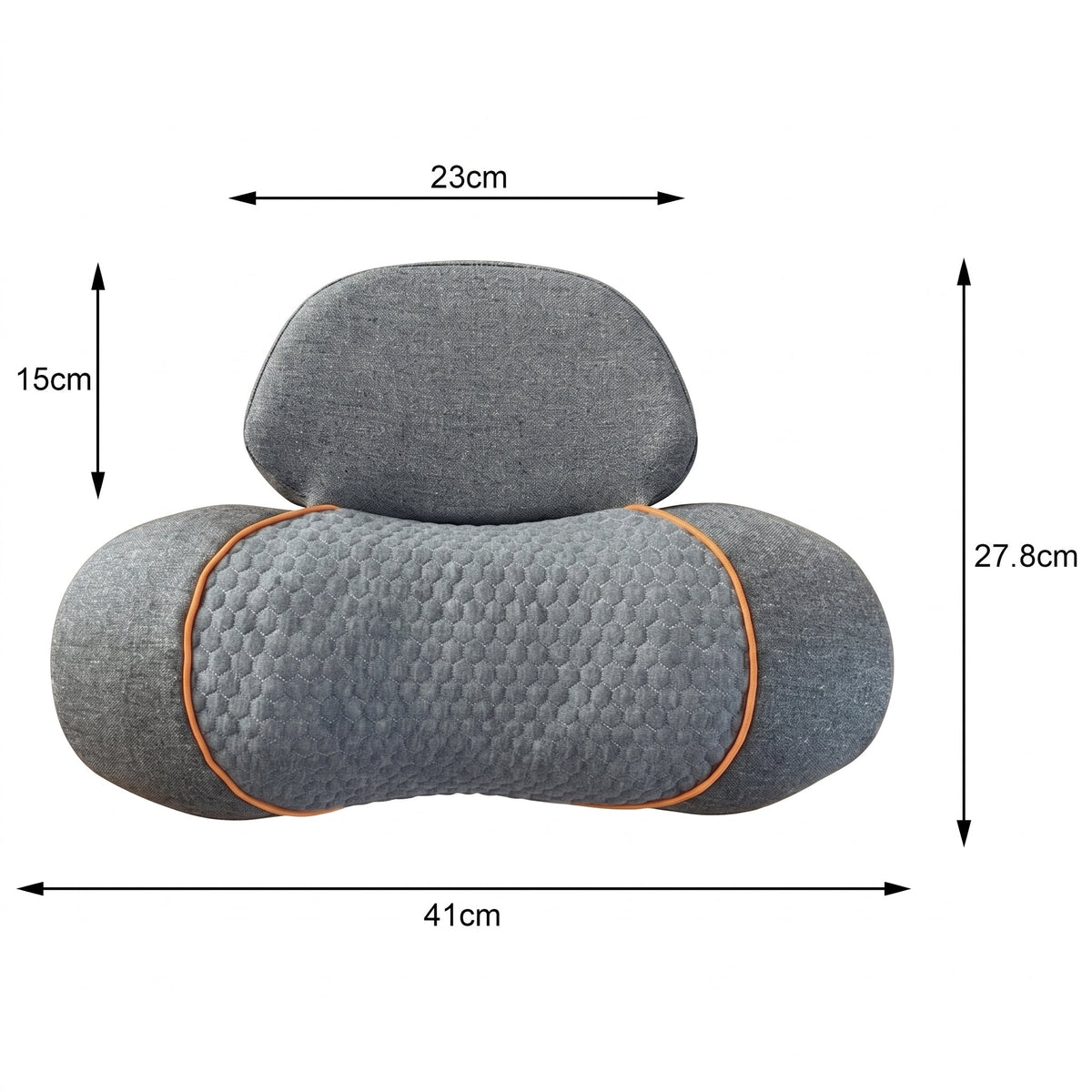 Grey 3-in-1 neck massage pillow with orange trim and padded side supports