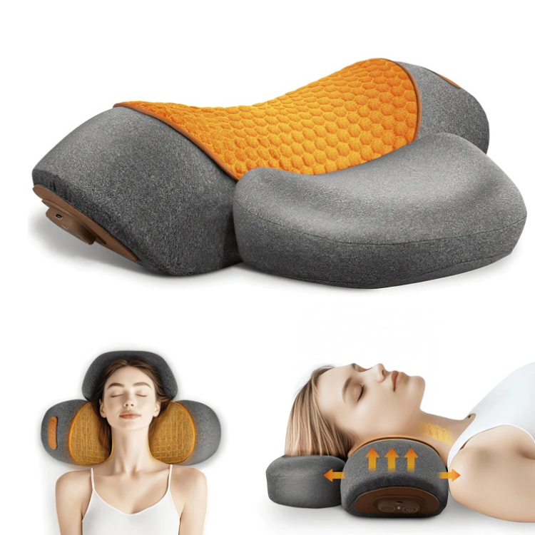 Grey 3-in-1 neck massage pillow with orange trim and padded side supports