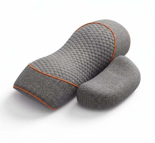 Grey 3-in-1 neck massage pillow with orange trim and padded side supports