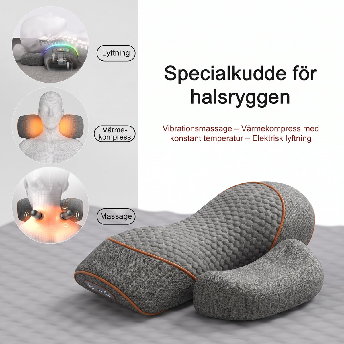 Grey 3-in-1 neck massage pillow with orange trim and padded side supports