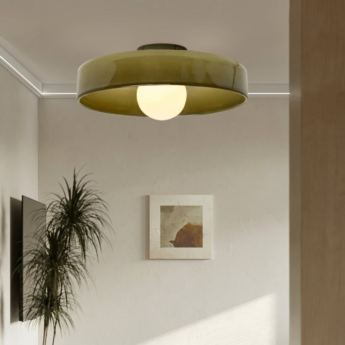 Rounded glass flush ceiling light with central white spherical diffuser