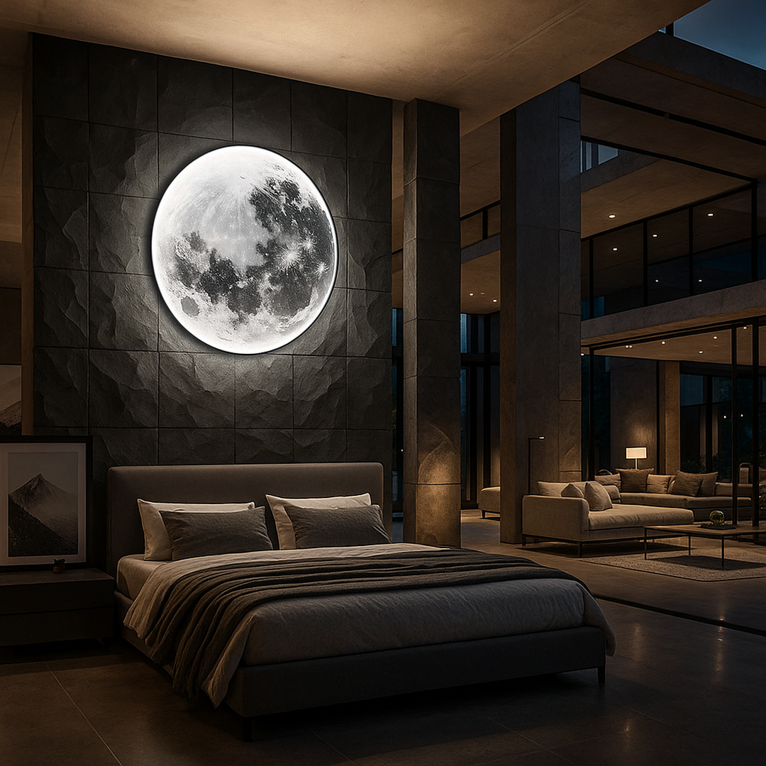 Round moon-effect wall light with realistic lunar surface design