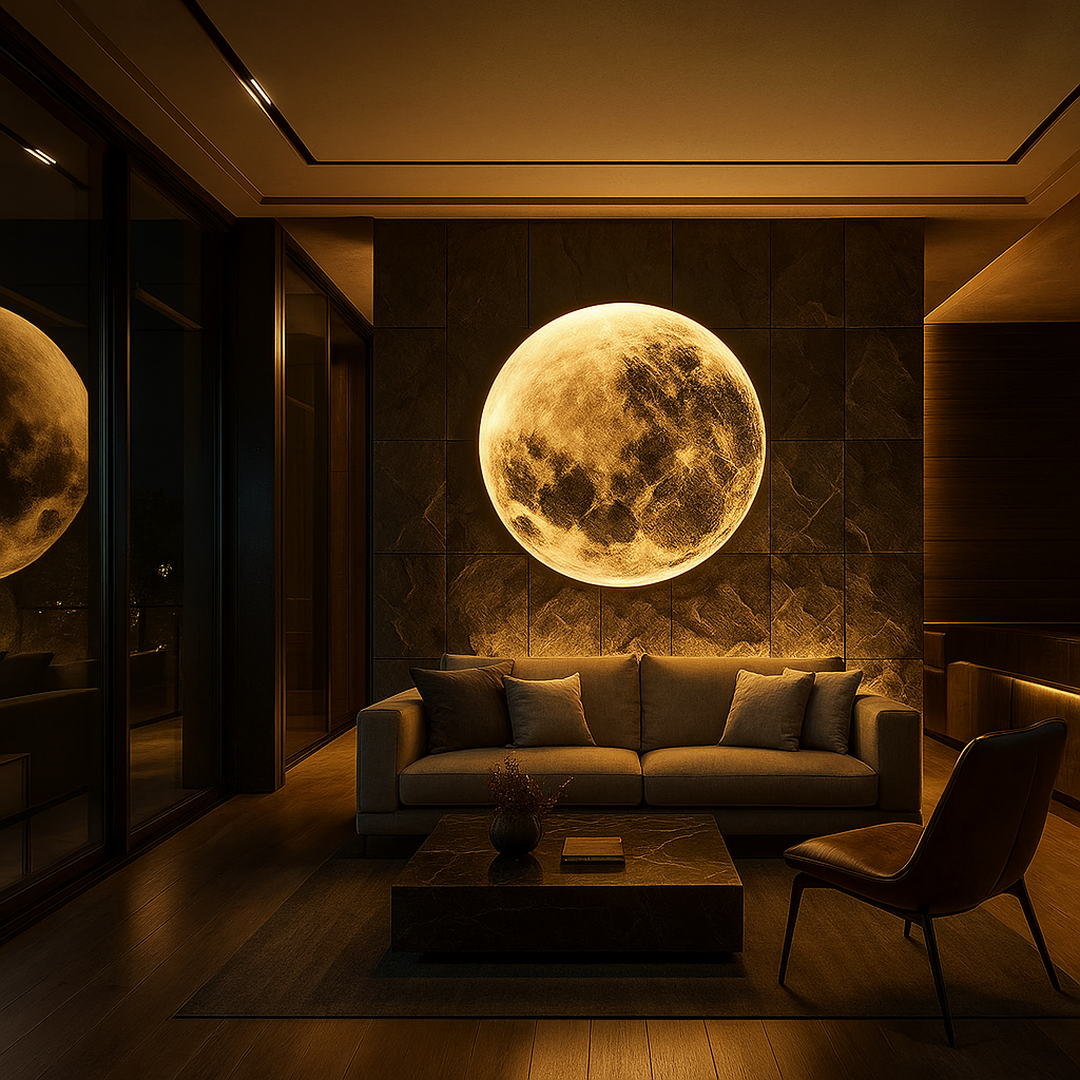Round moon-effect wall light with realistic lunar surface design