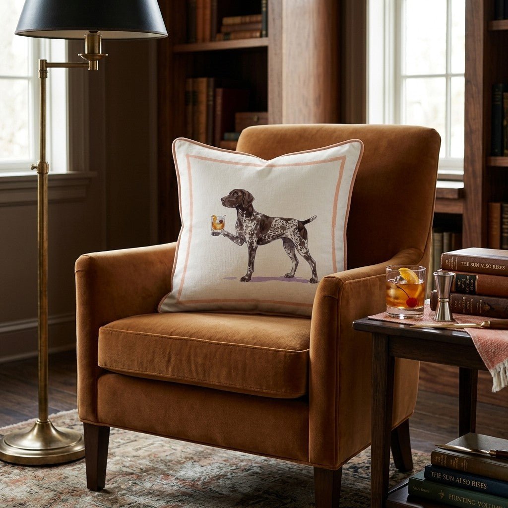 Cream throw pillow with illustrated German Shorthaired Pointer and decorative border