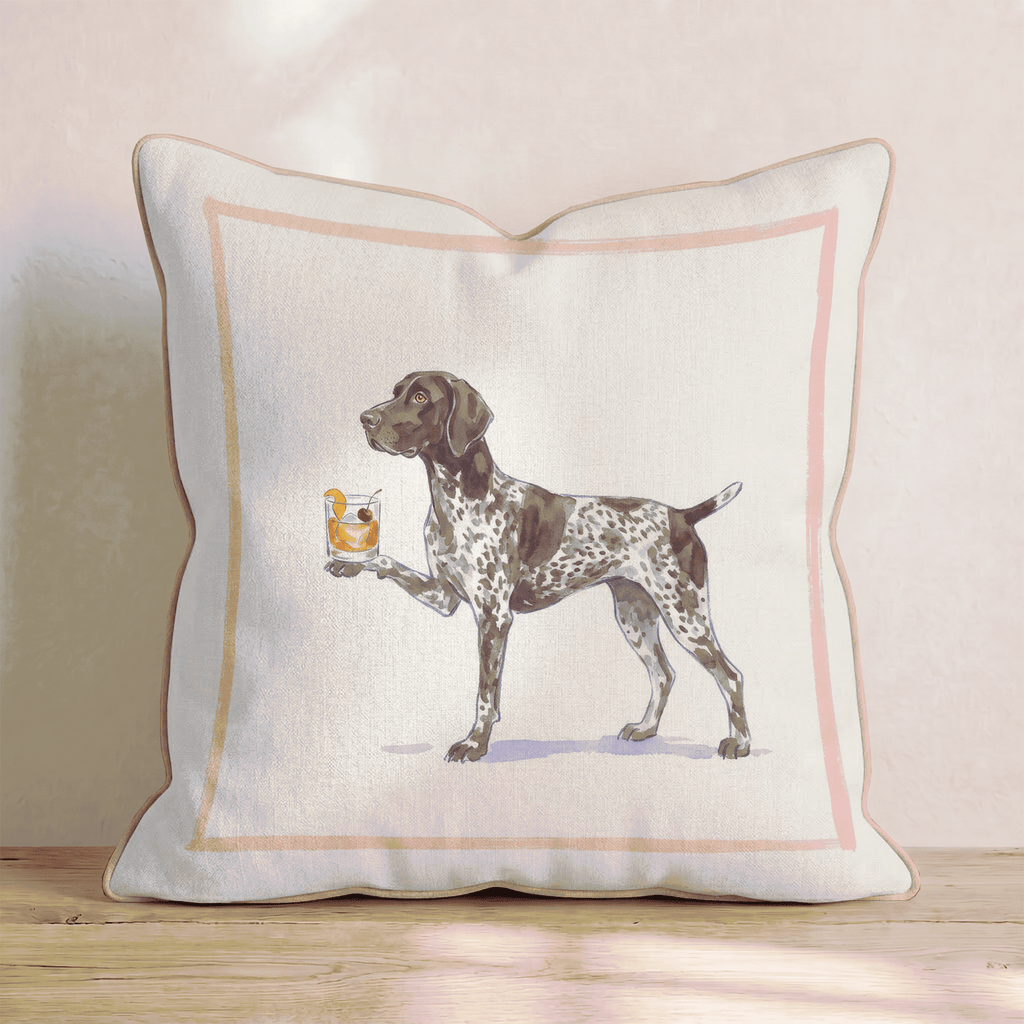 Cream throw pillow with illustrated German Shorthaired Pointer and decorative border