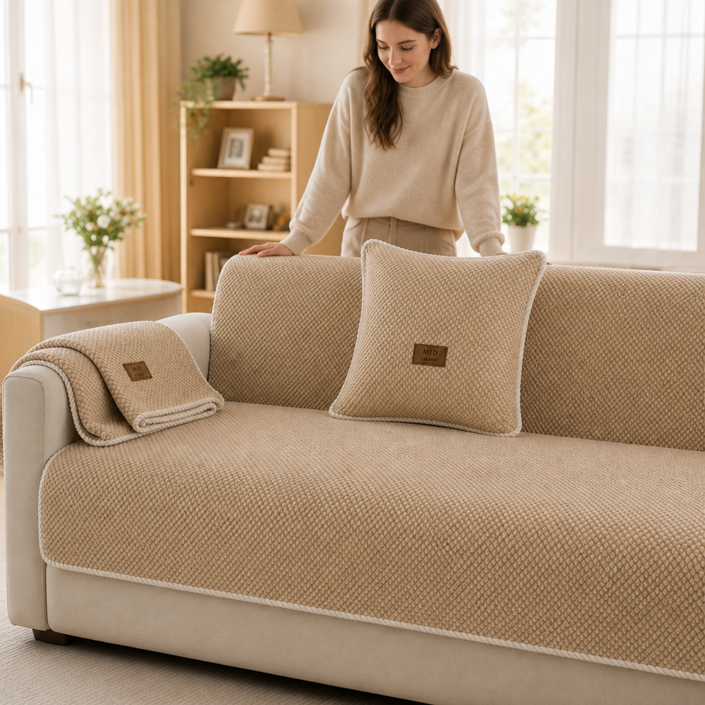 Textured modular sofa cover fitted across living room seating