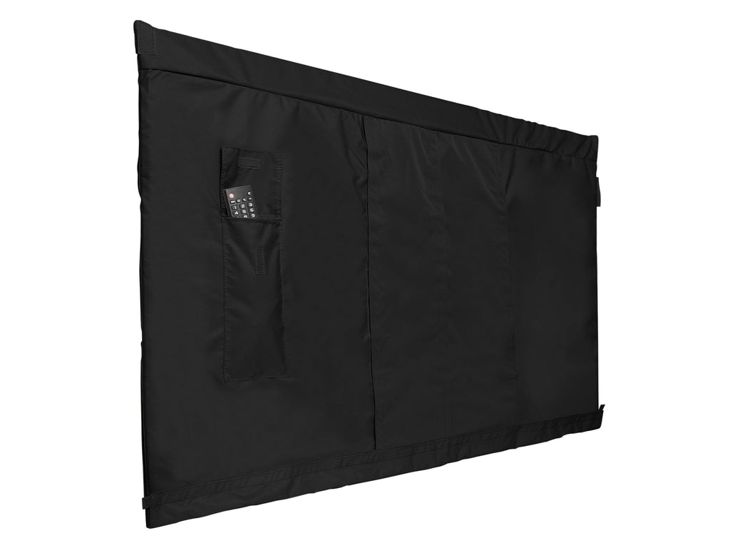 Black outdoor television cover with flip-top front and rear remote pocket