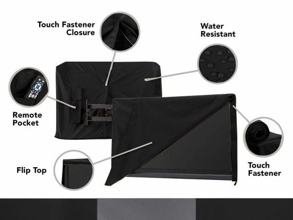 Black outdoor television cover with flip-top front and rear remote pocket