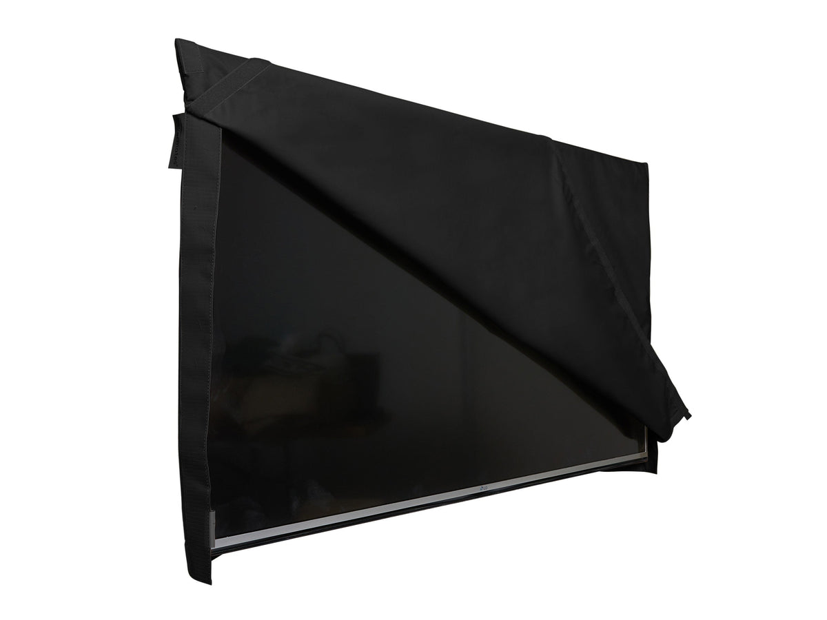 Black outdoor television cover with flip-top front and rear remote pocket