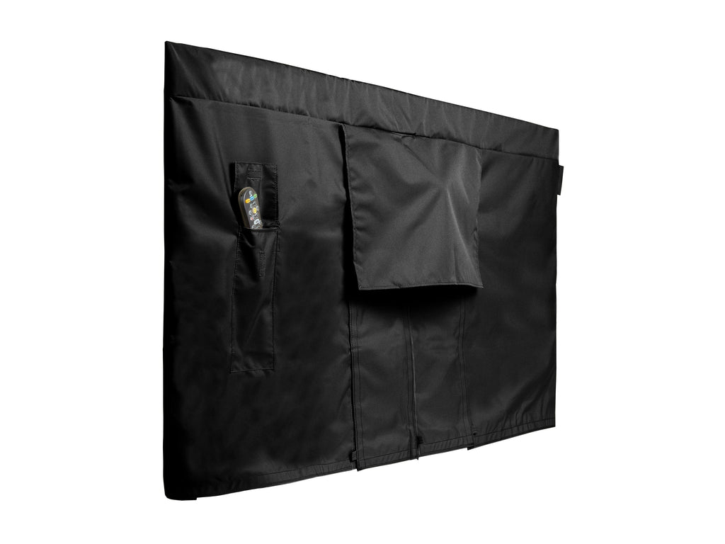 Black full outdoor television cover with front flap and remote pocket