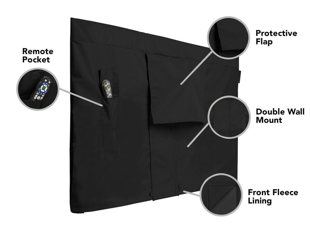 Black full outdoor television cover with front flap and remote pocket