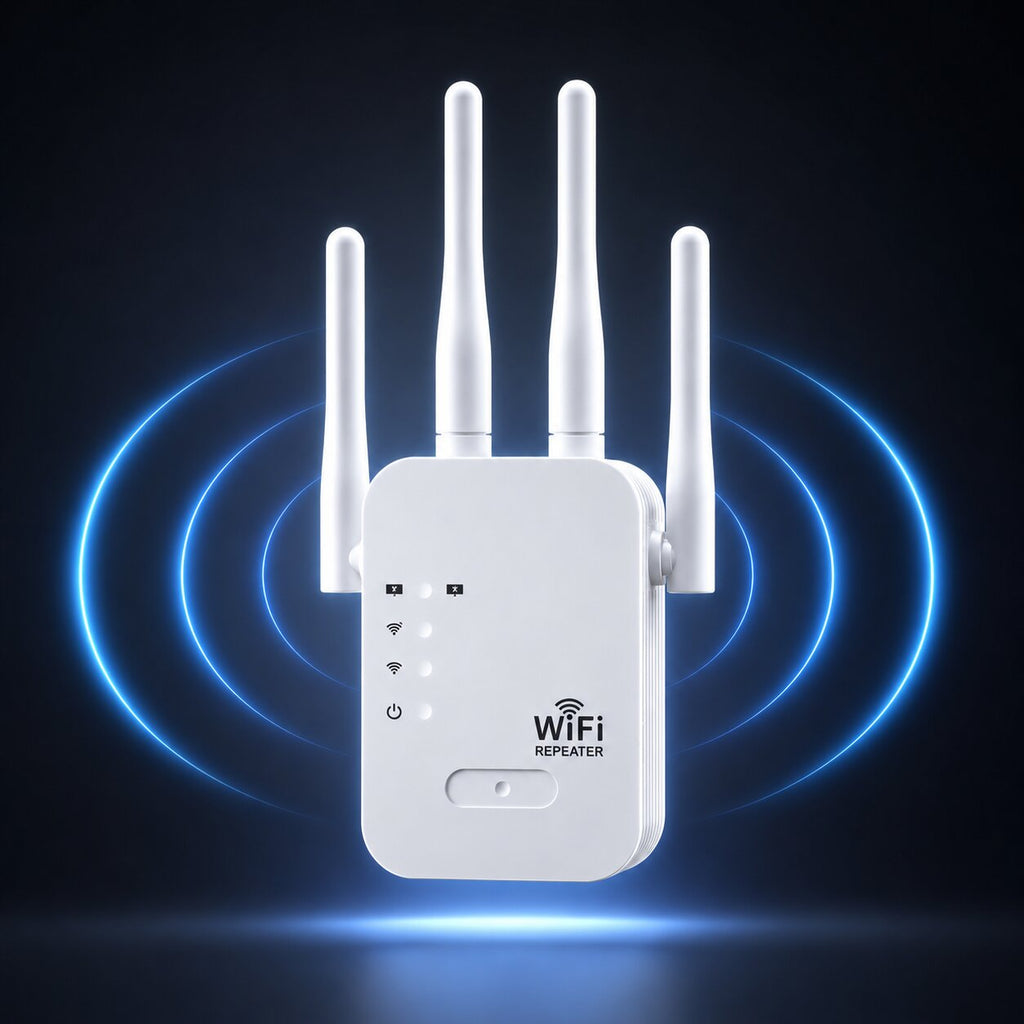 White WiFi repeater with four external antennas and front status indicators