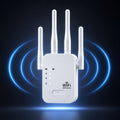 White WiFi repeater with four external antennas and front status indicators
