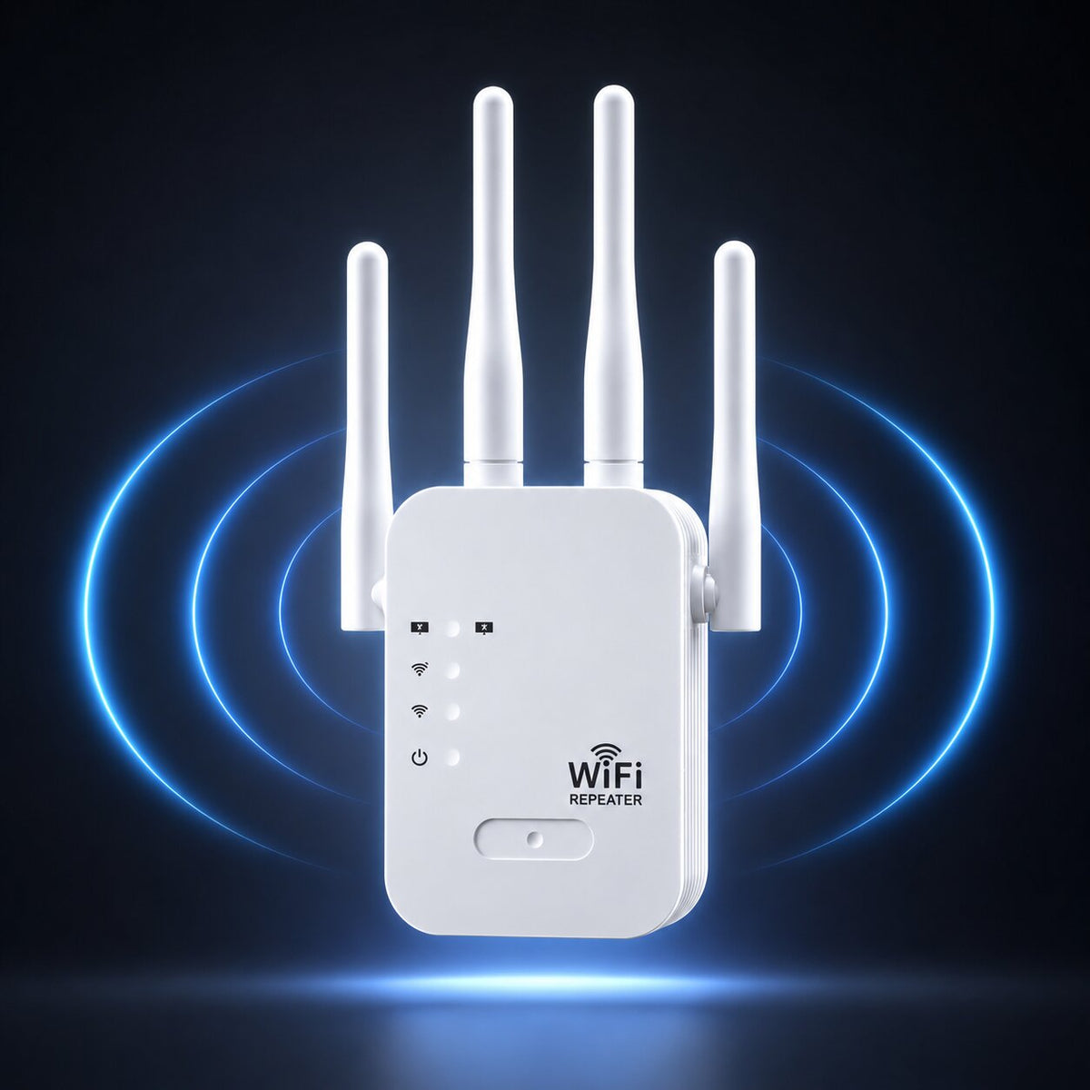 White WiFi repeater with four external antennas and front status indicators