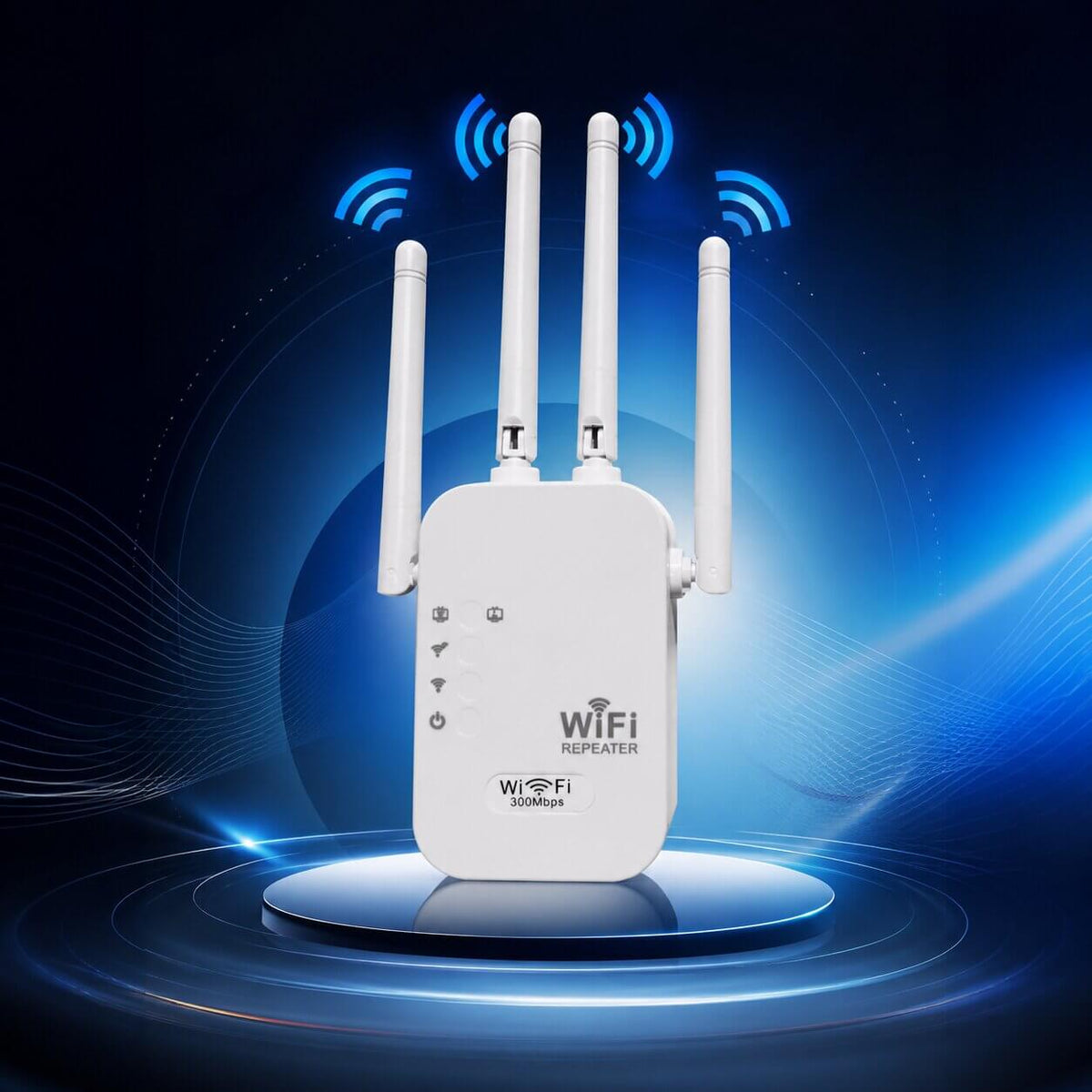 White WiFi repeater with four external antennas and front status indicators