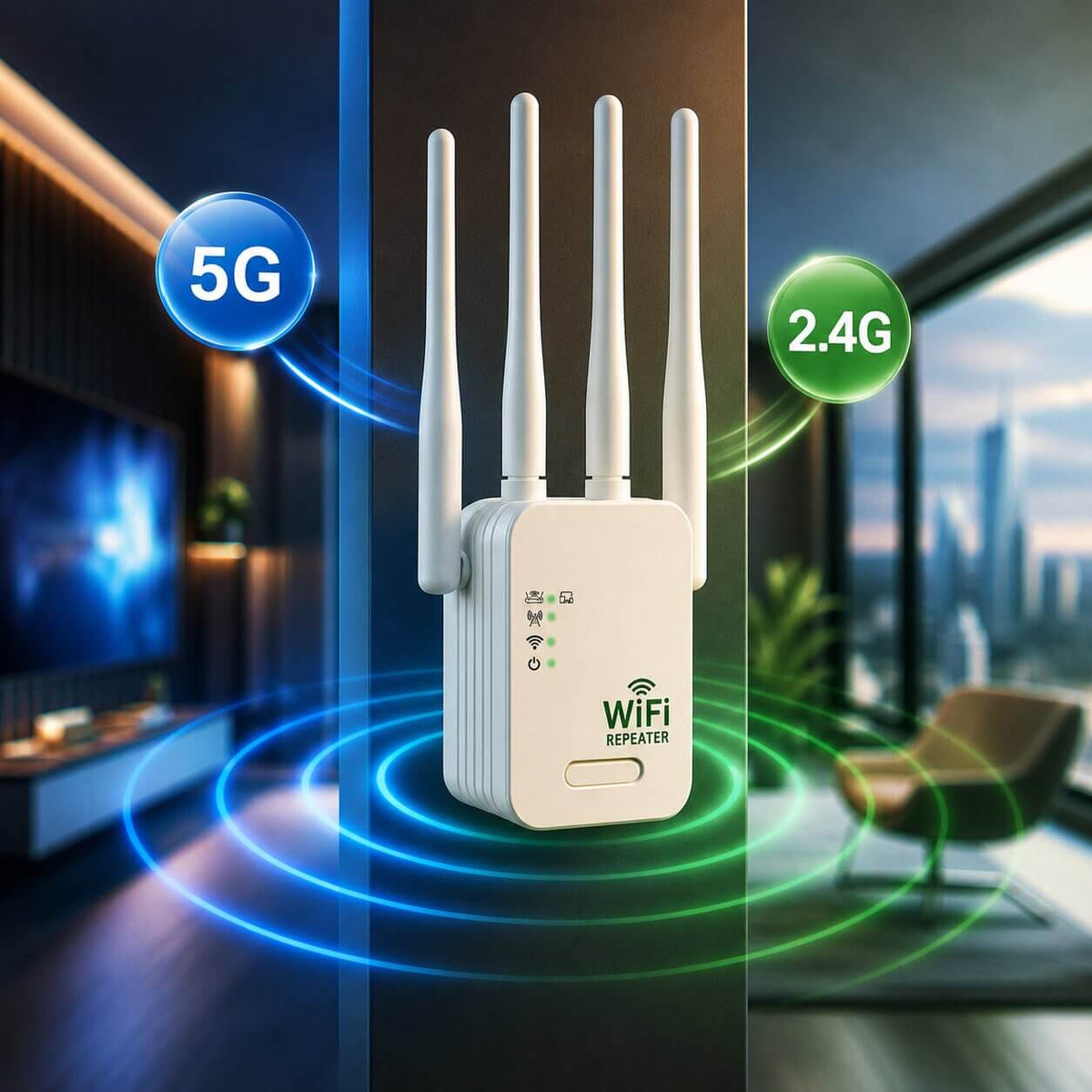 White WiFi repeater with four external antennas and front status indicators