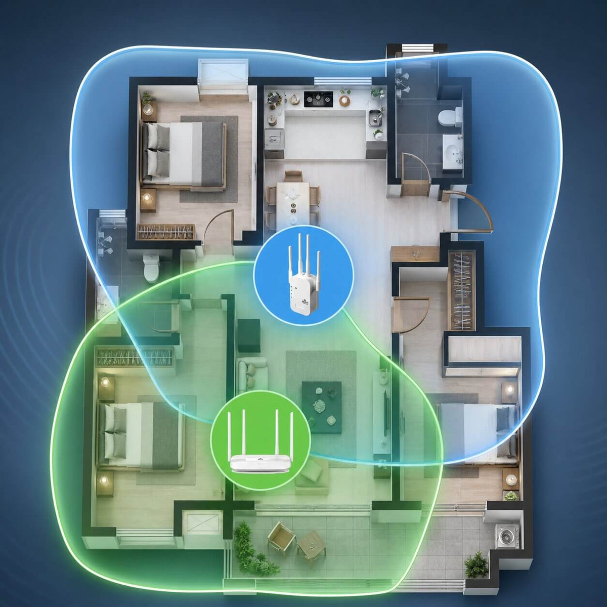 White WiFi repeater with four external antennas and front status indicators