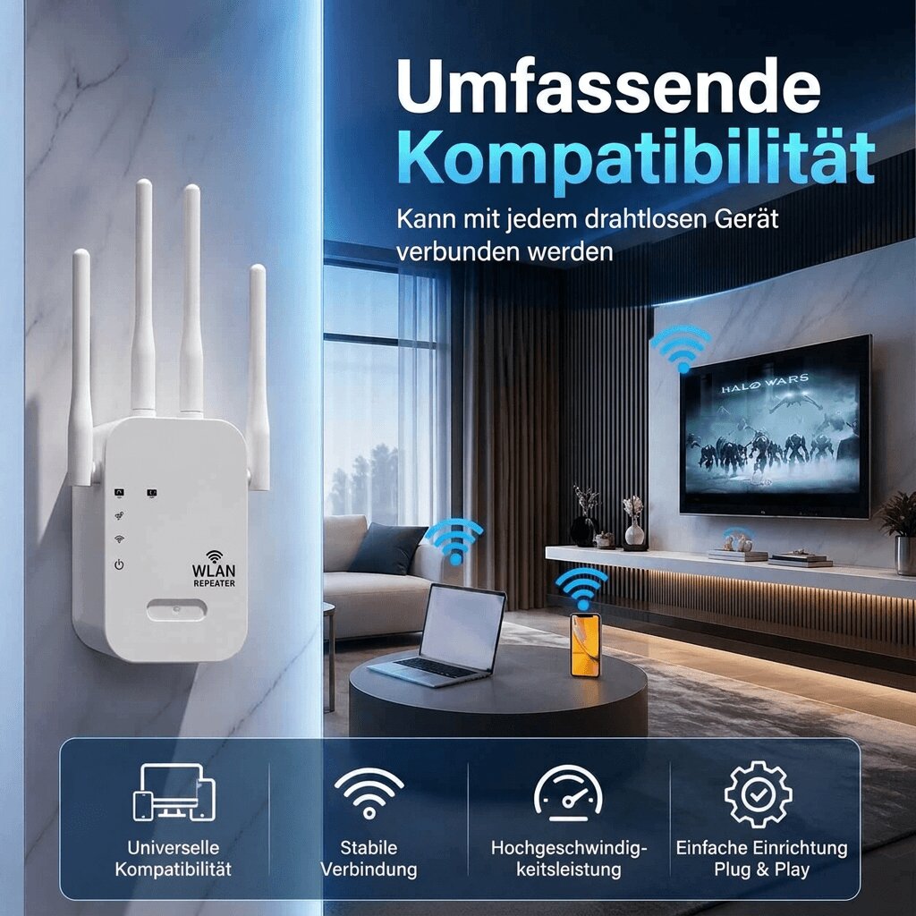 White WiFi repeater with four external antennas and front status indicators