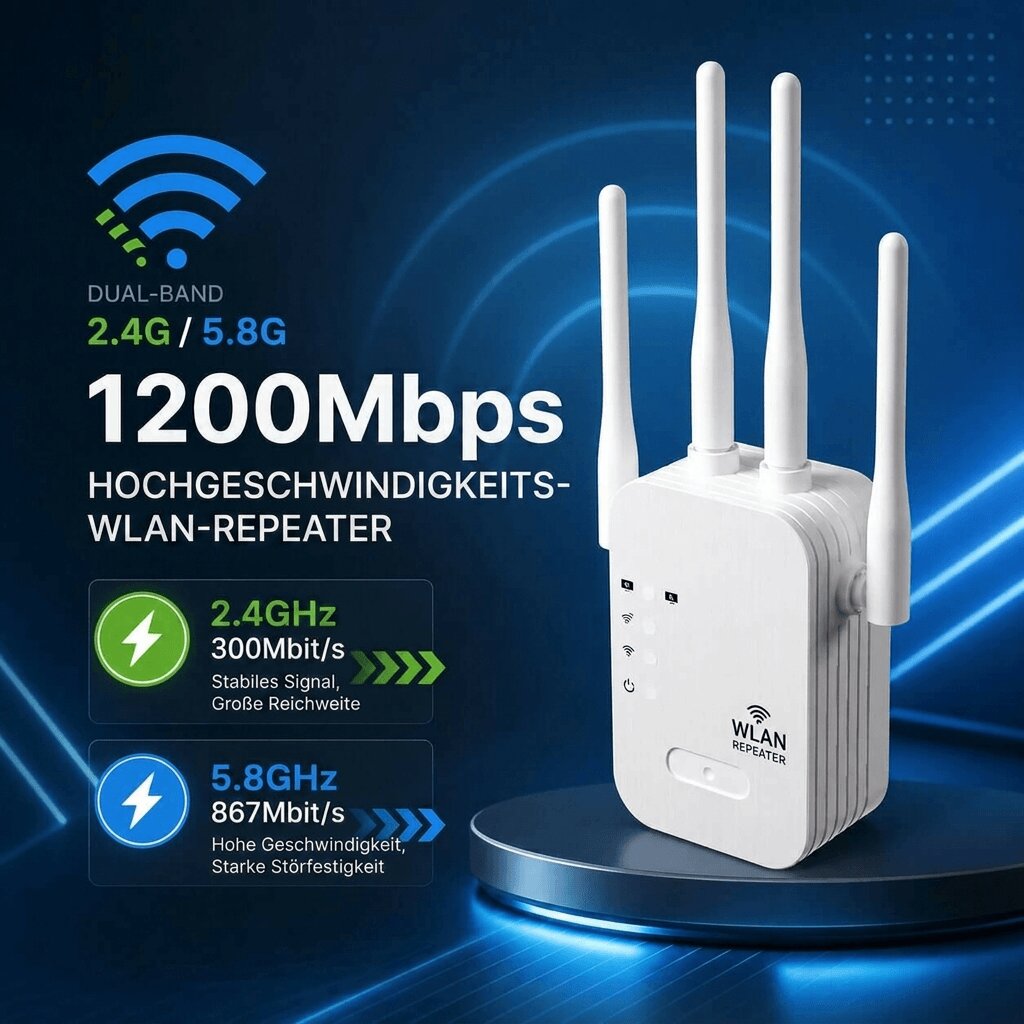 White WiFi repeater with four external antennas and front status indicators