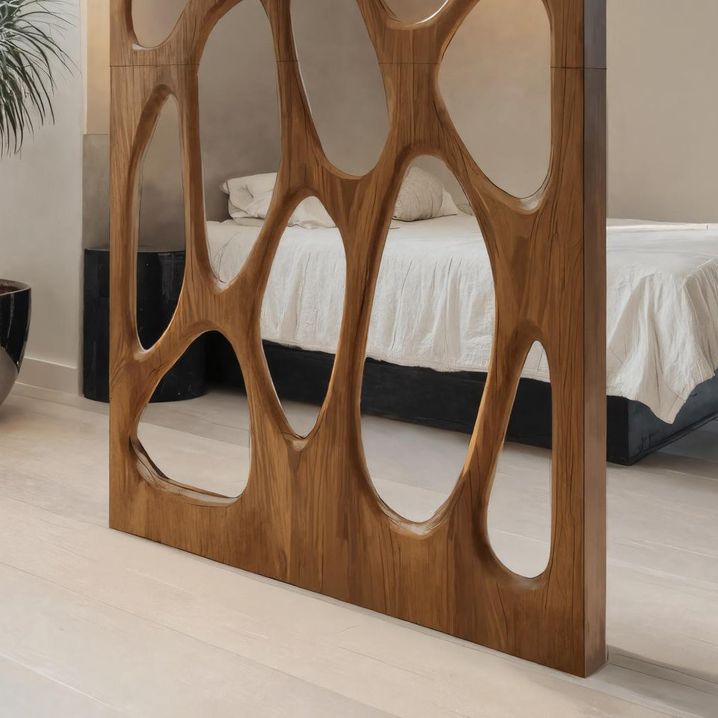 Tall room divider panel with organic cut-out openings and wood-effect finish